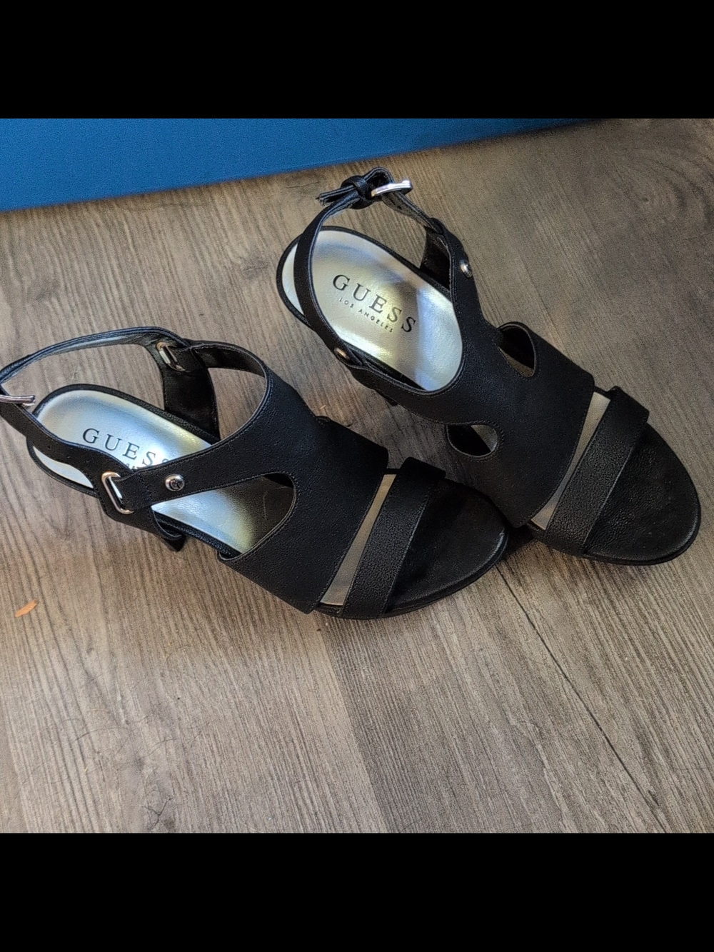 GUESS Black Cutout Ankle-Strap Heeled Sandals